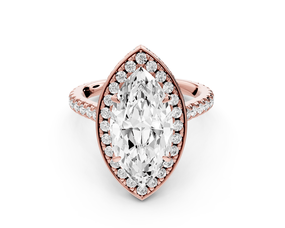 Beatrice - 3ct 14k rose gold marquise stone in rollover halo with diamond bridge and pavé engagement ring - Mr. Alex Jewelry
