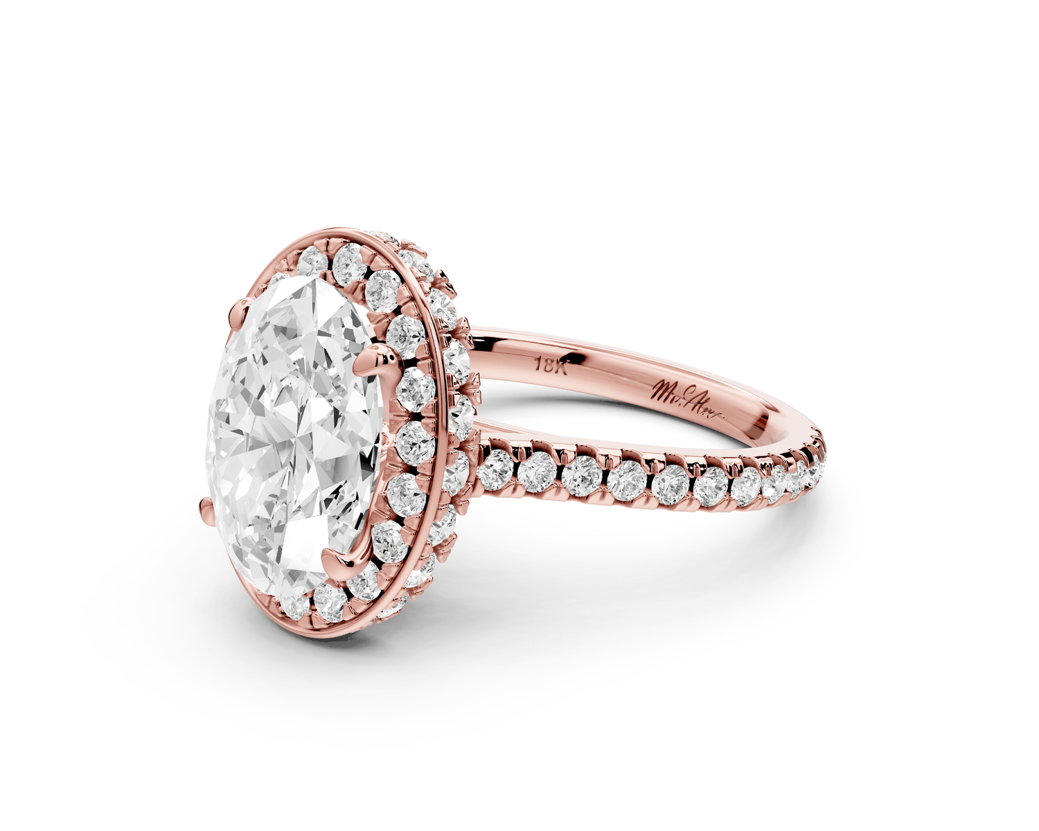 Beatrice - 3ct 14k rose gold oval stone in rollover halo with diamond bridge and pavé engagement ring - Mr. Alex Jewelry