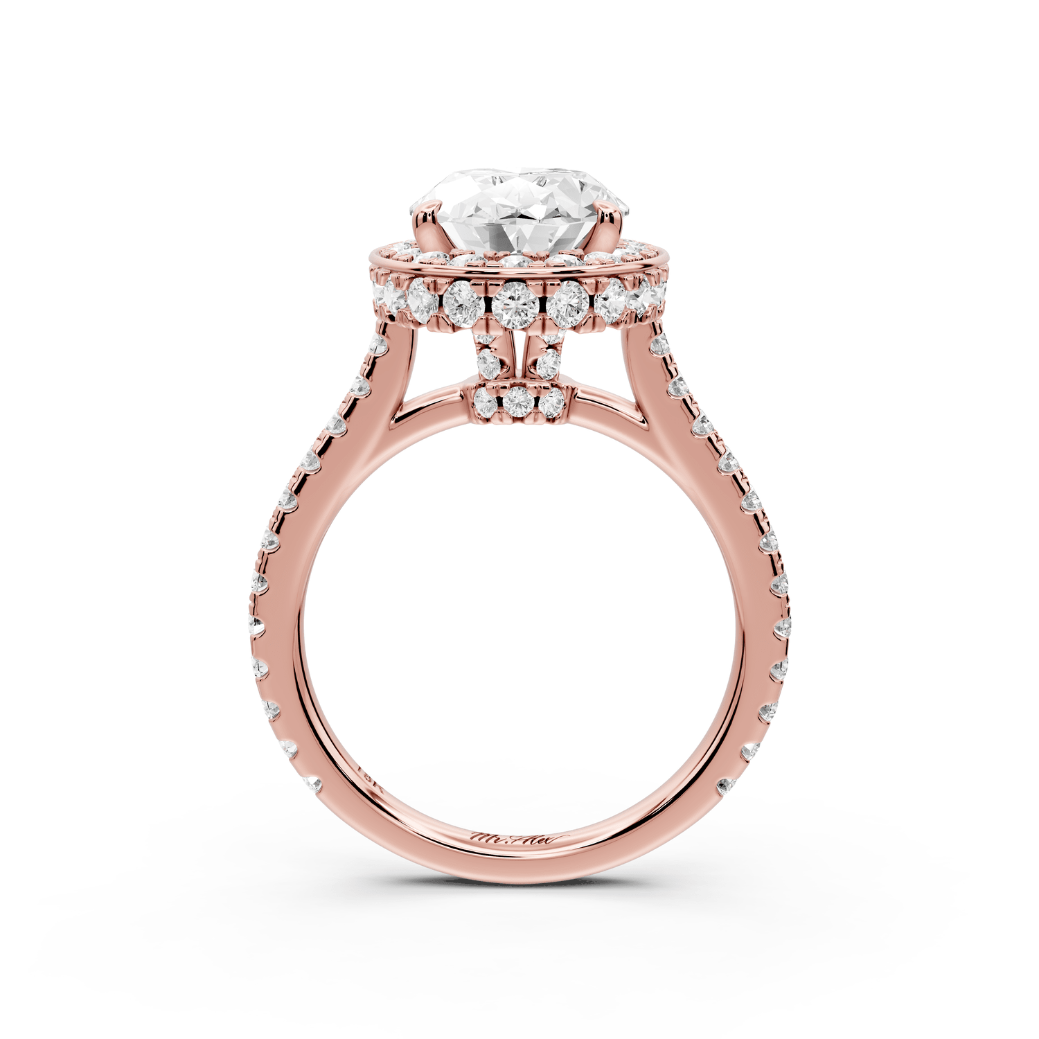 Beatrice - 3ct 14k rose gold oval stone in rollover halo with diamond bridge and pavé engagement ring - Mr. Alex Jewelry
