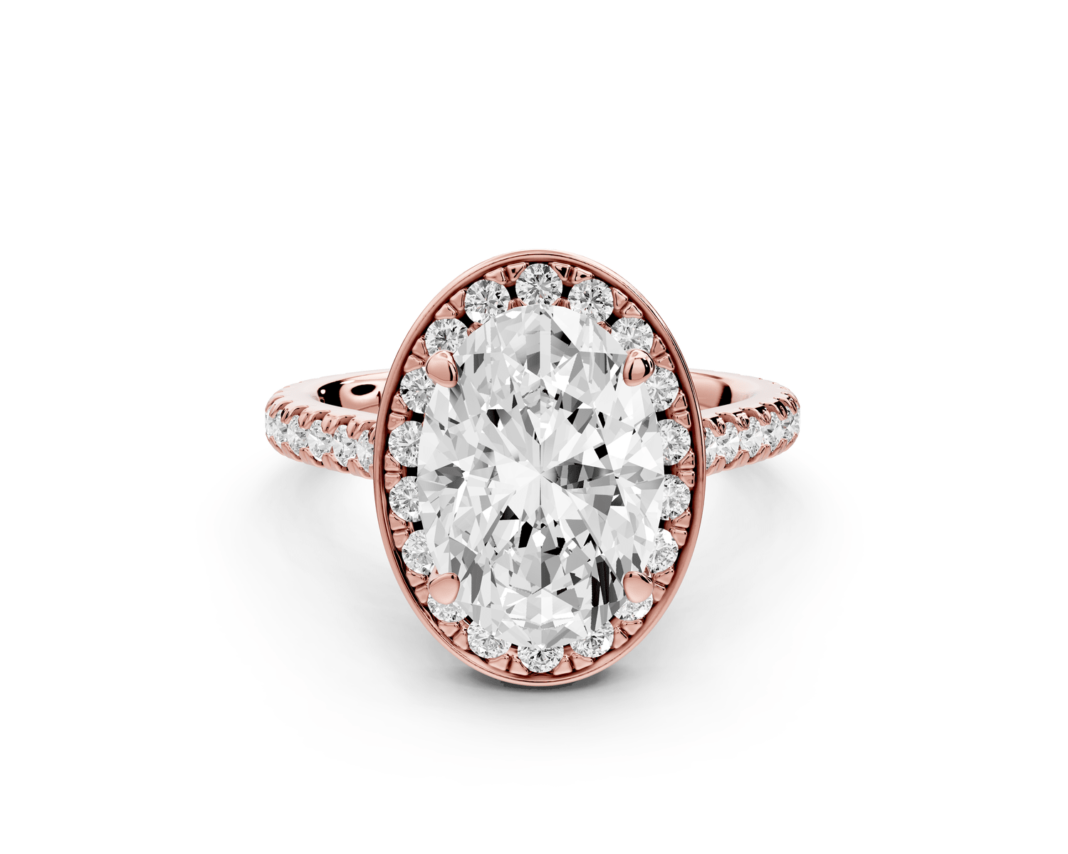 Beatrice - 3ct 14k rose gold oval stone in rollover halo with diamond bridge and pavé engagement ring - Mr. Alex Jewelry
