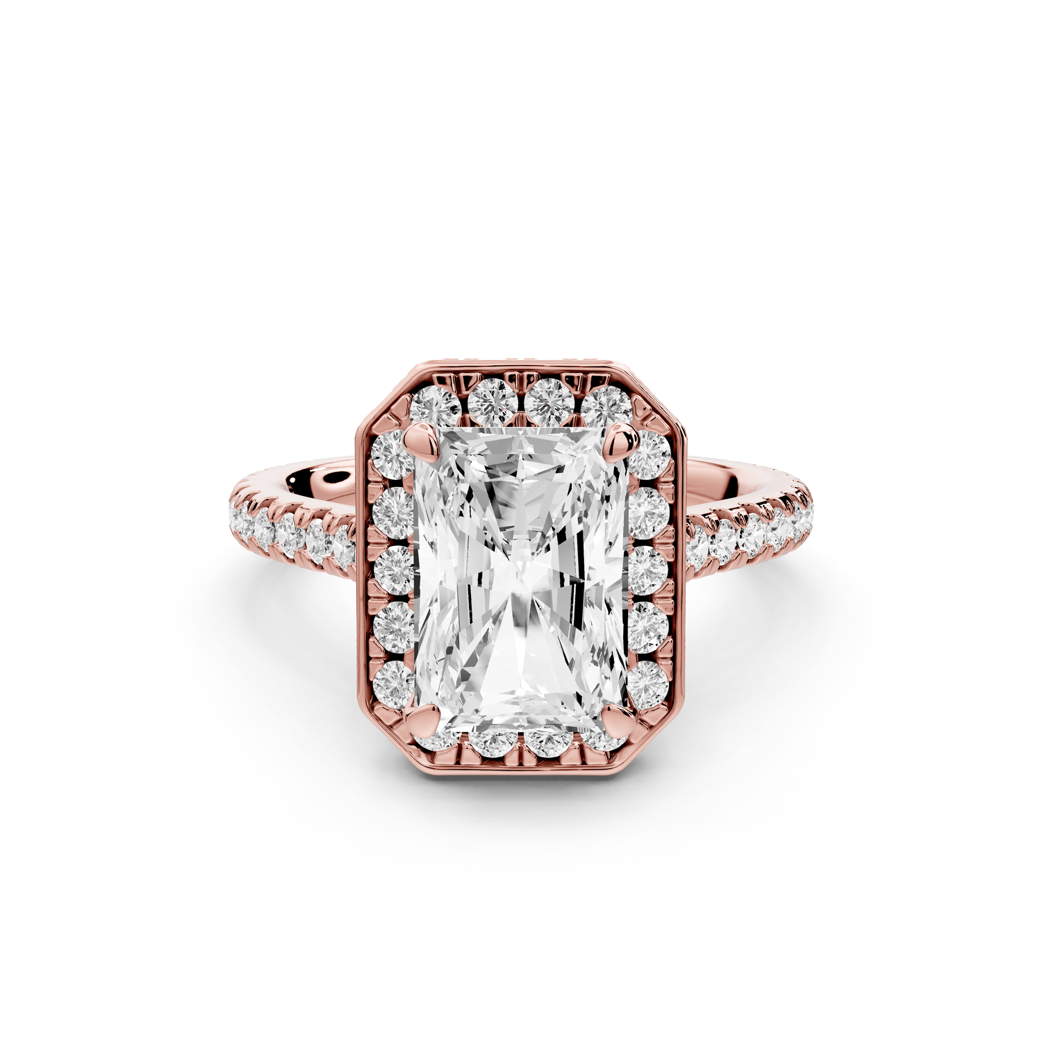Beatrice - 3ct 14k rose gold radiant stone in rollover halo with diamond bridge and pavé engagement ring - Mr. Alex Jewelry