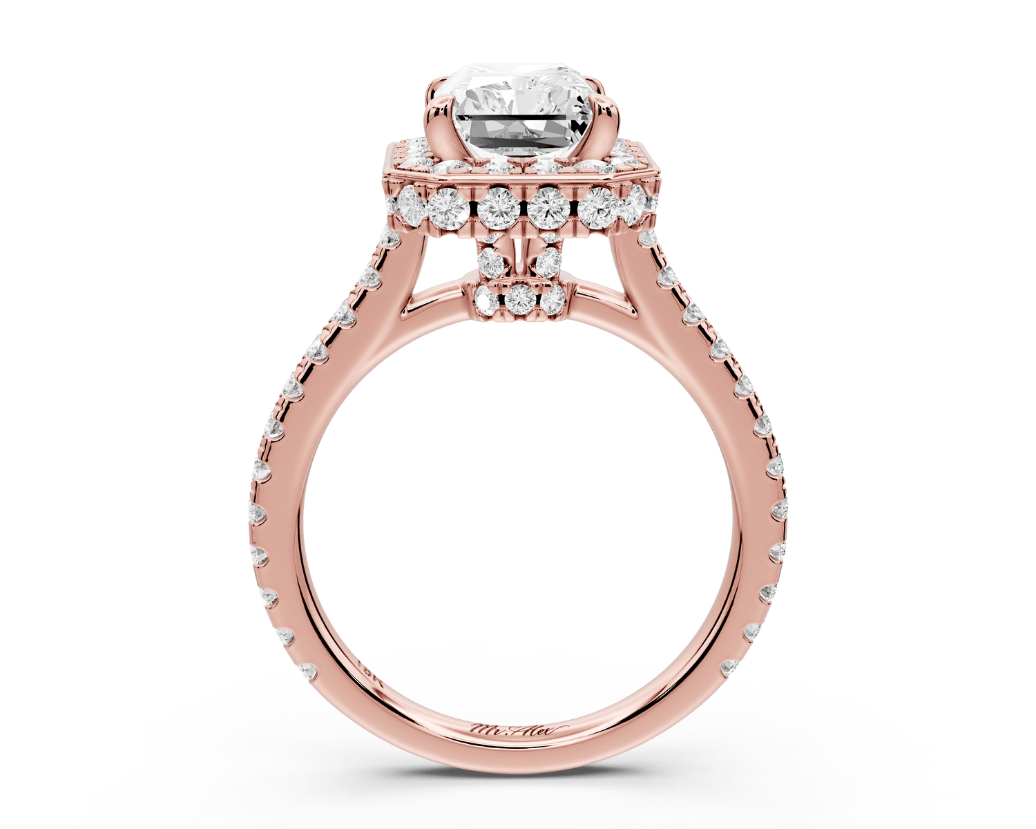 Beatrice - 3ct 14k rose gold radiant stone in rollover halo with diamond bridge and pavé engagement ring - Mr. Alex Jewelry