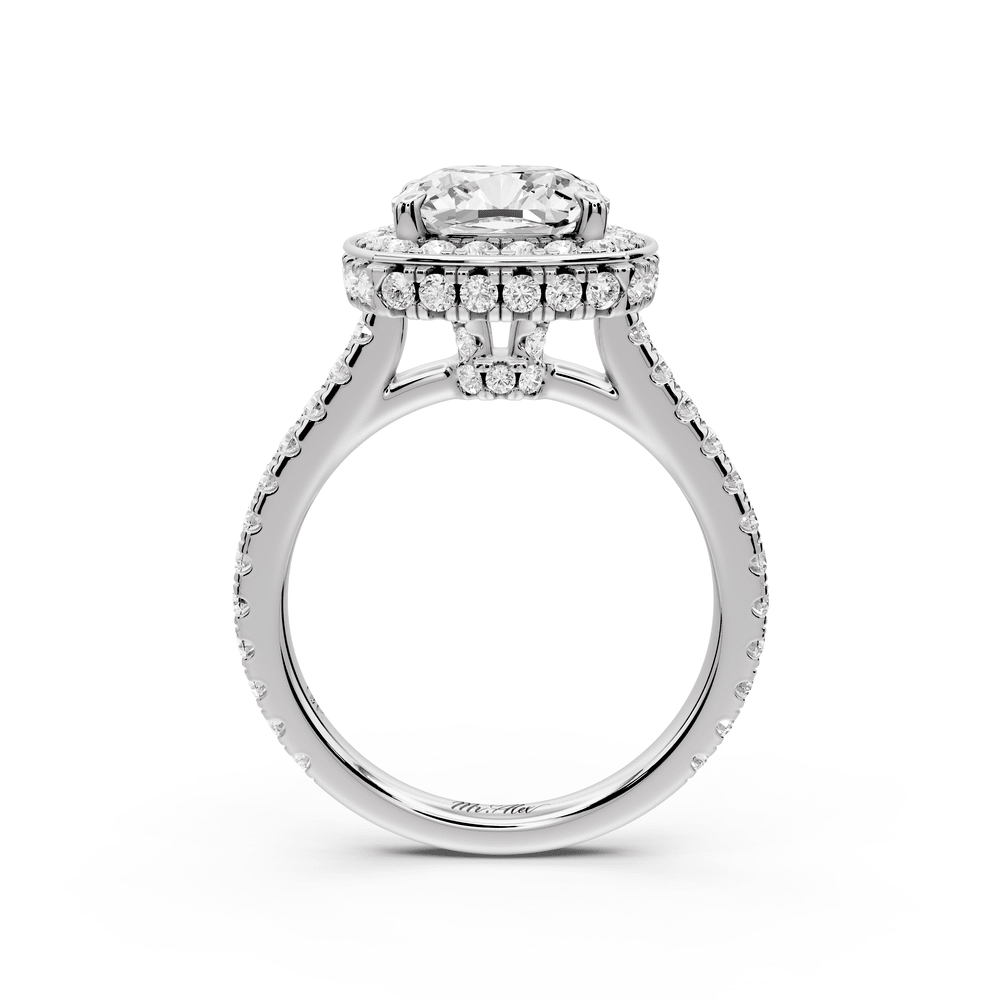 Beatrice - 3ct 14k white gold cushion stone in rollover halo with diamond bridge and pavé engagement ring - Mr. Alex Jewelry
