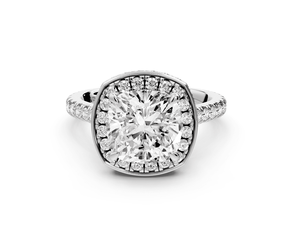 Beatrice - 3ct 14k white gold cushion stone in rollover halo with diamond bridge and pavé engagement ring - Mr. Alex Jewelry