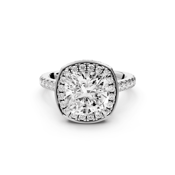 Beatrice - 3ct 14k white gold cushion stone in rollover halo with diamond bridge and pavé engagement ring - Mr. Alex Jewelry