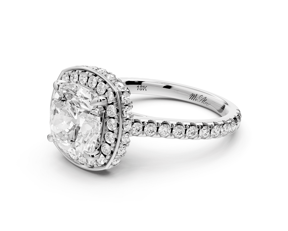 Beatrice - 3ct 14k white gold cushion stone in rollover halo with diamond bridge and pavé engagement ring - Mr. Alex Jewelry
