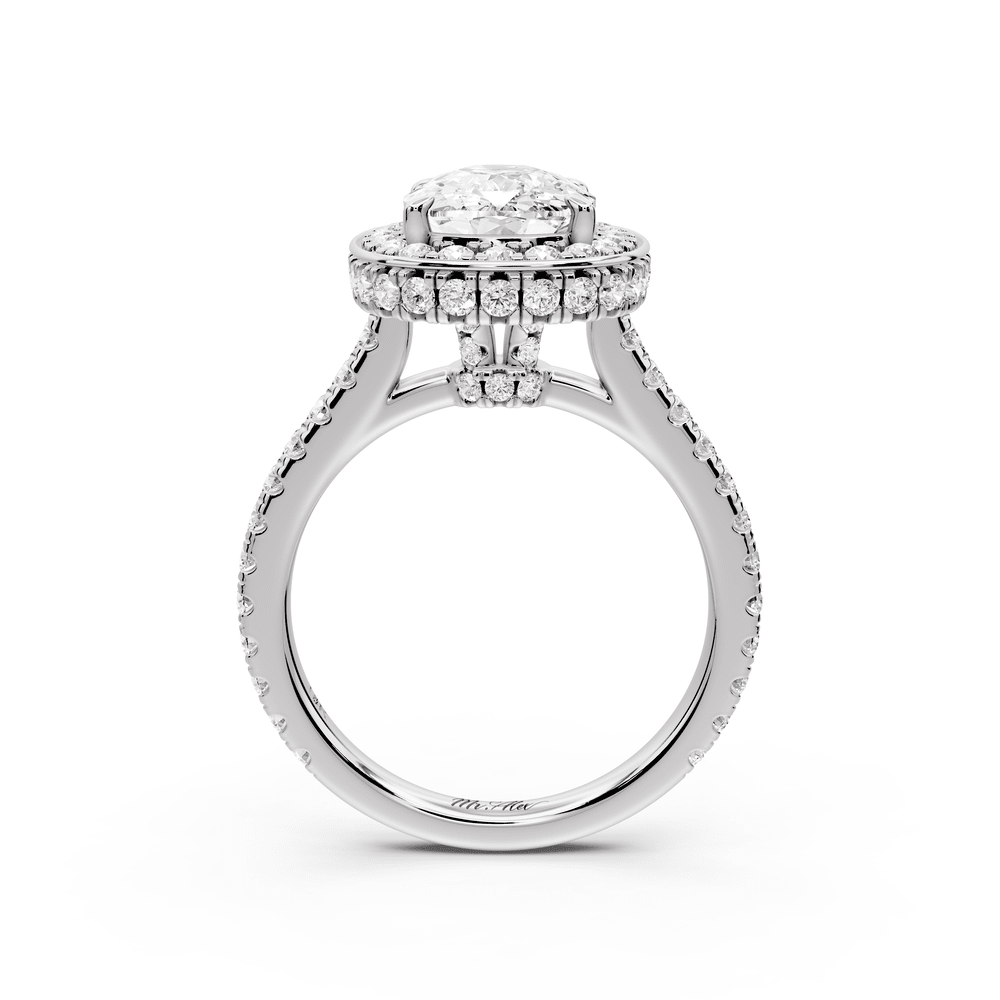 Beatrice - 3ct 14k white gold ecushion stone in rollover halo with diamond bridge and pavé engagement ring - Mr. Alex Jewelry