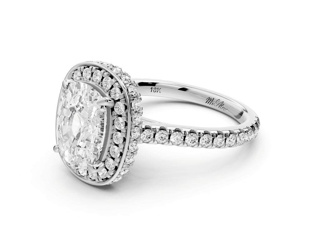 Beatrice - 3ct 14k white gold ecushion stone in rollover halo with diamond bridge and pavé engagement ring - Mr. Alex Jewelry