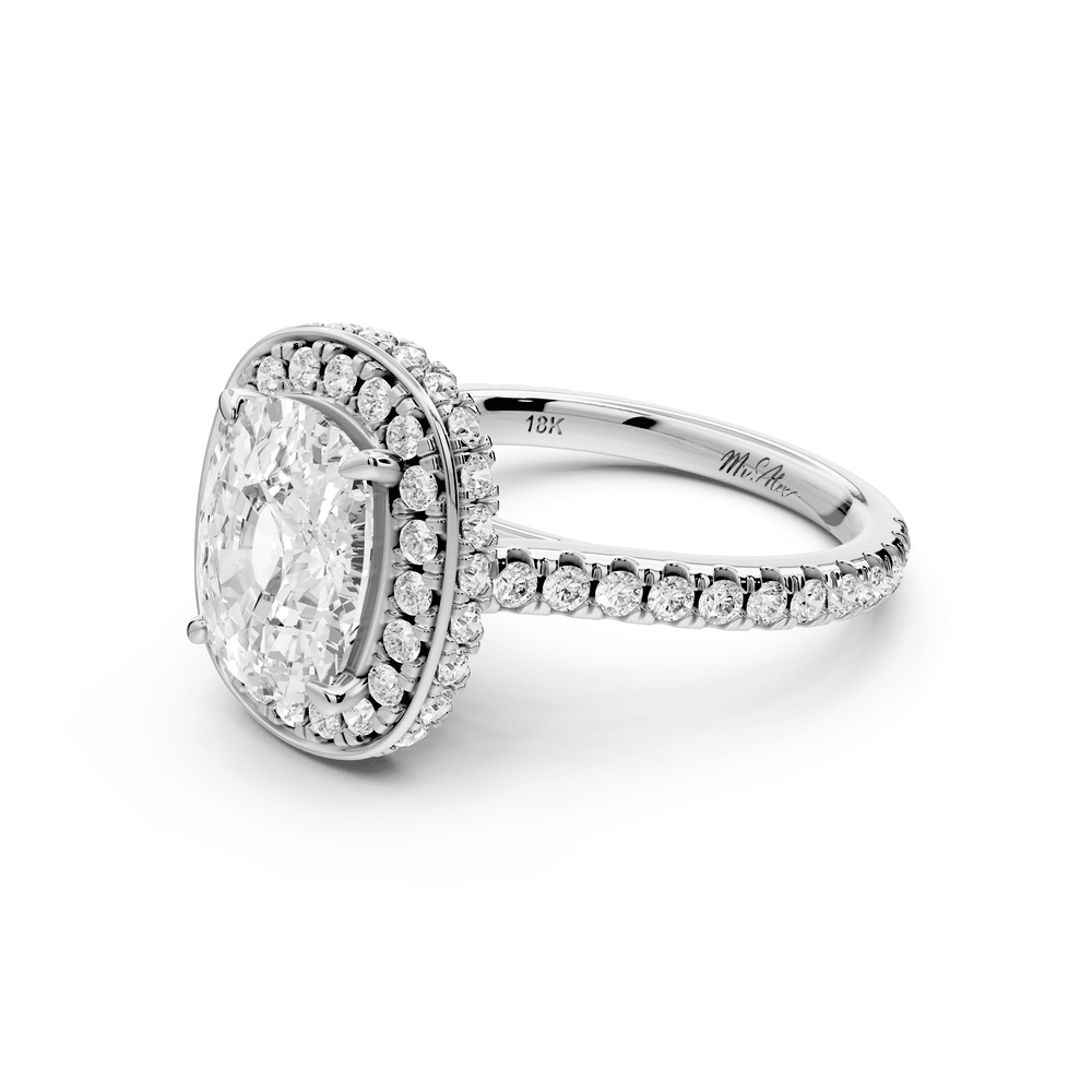 Beatrice - 3ct 14k white gold ecushion stone in rollover halo with diamond bridge and pavé engagement ring - Mr. Alex Jewelry