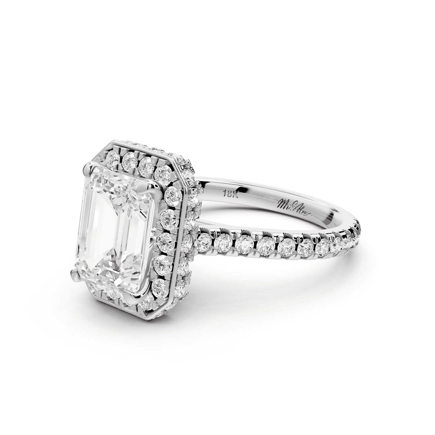 Beatrice - 3ct 14k white gold emerald stone in rollover halo with diamond bridge and pavé engagement ring - Mr. Alex Jewelry