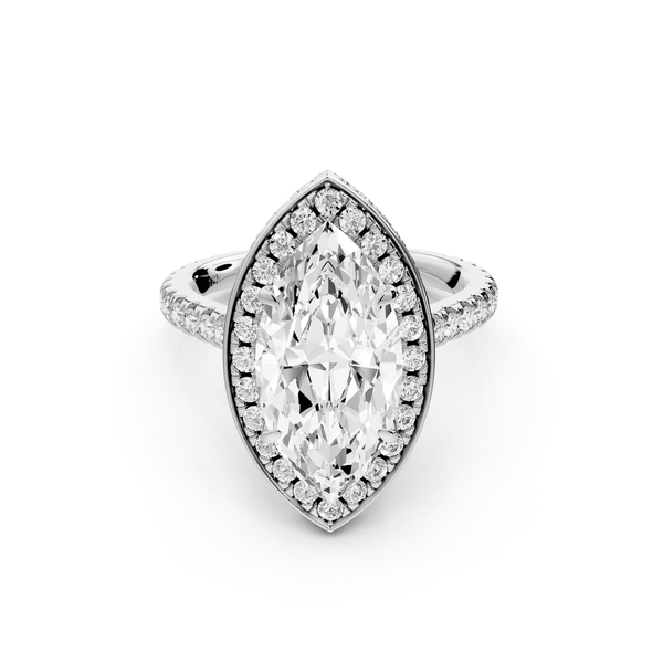 Beatrice - 3ct 14k white gold marquise stone in rollover halo with diamond bridge and pavé engagement ring - Mr. Alex Jewelry