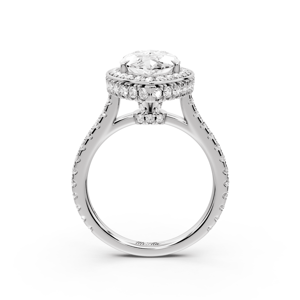 Beatrice - 3ct 14k white gold marquise stone in rollover halo with diamond bridge and pavé engagement ring - Mr. Alex Jewelry