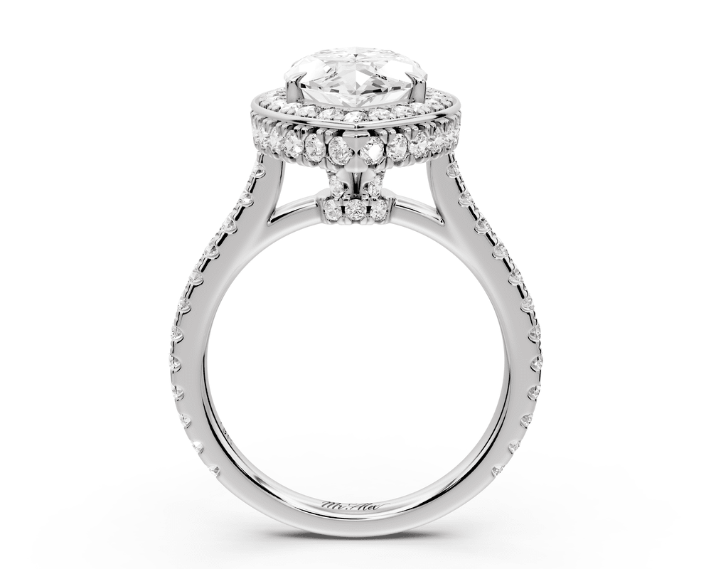 Beatrice - 3ct 14k white gold marquise stone in rollover halo with diamond bridge and pavé engagement ring - Mr. Alex Jewelry
