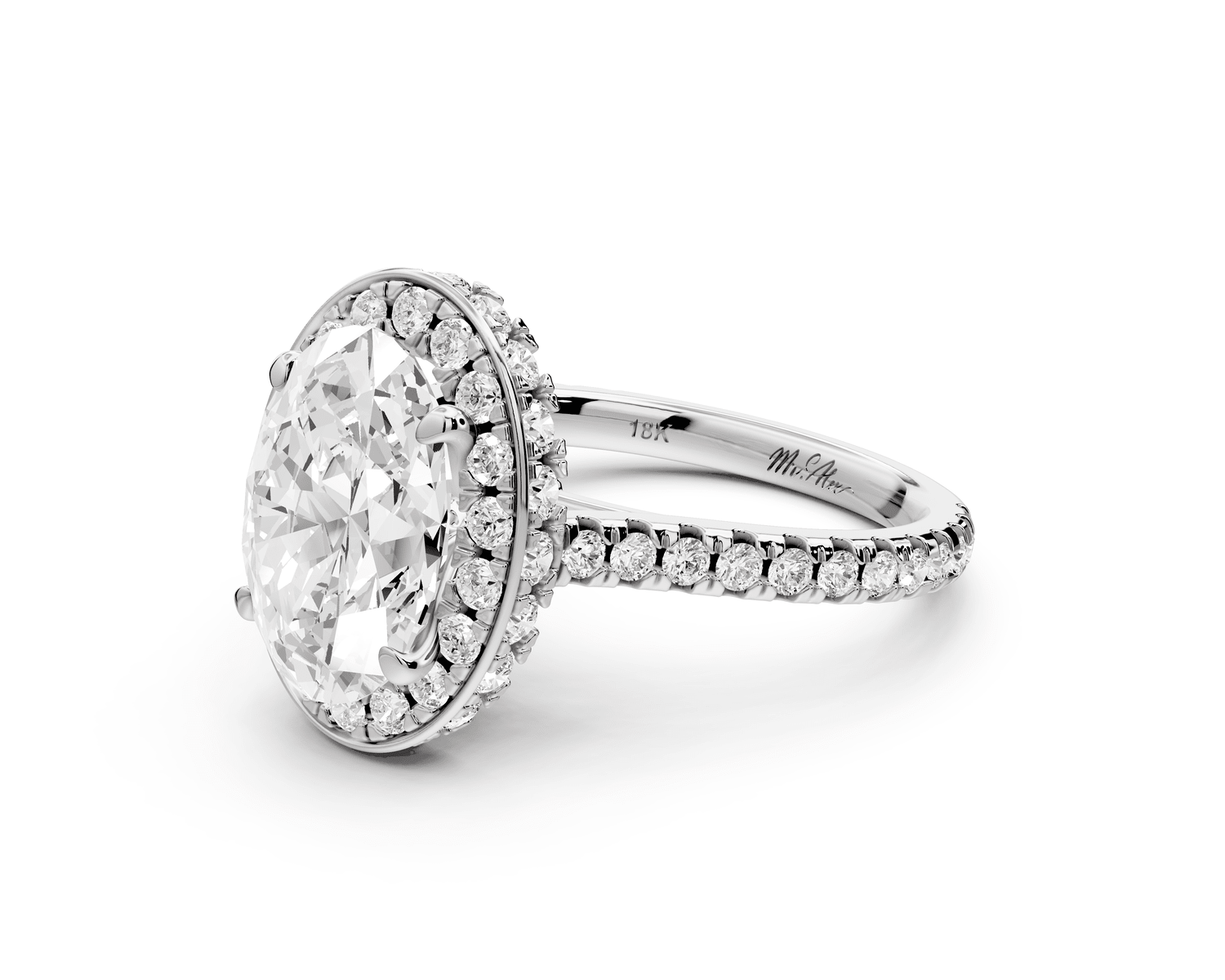 Beatrice - 3ct 14k white gold oval stone in rollover halo with diamond bridge and pavé engagement ring - Mr. Alex Jewelry