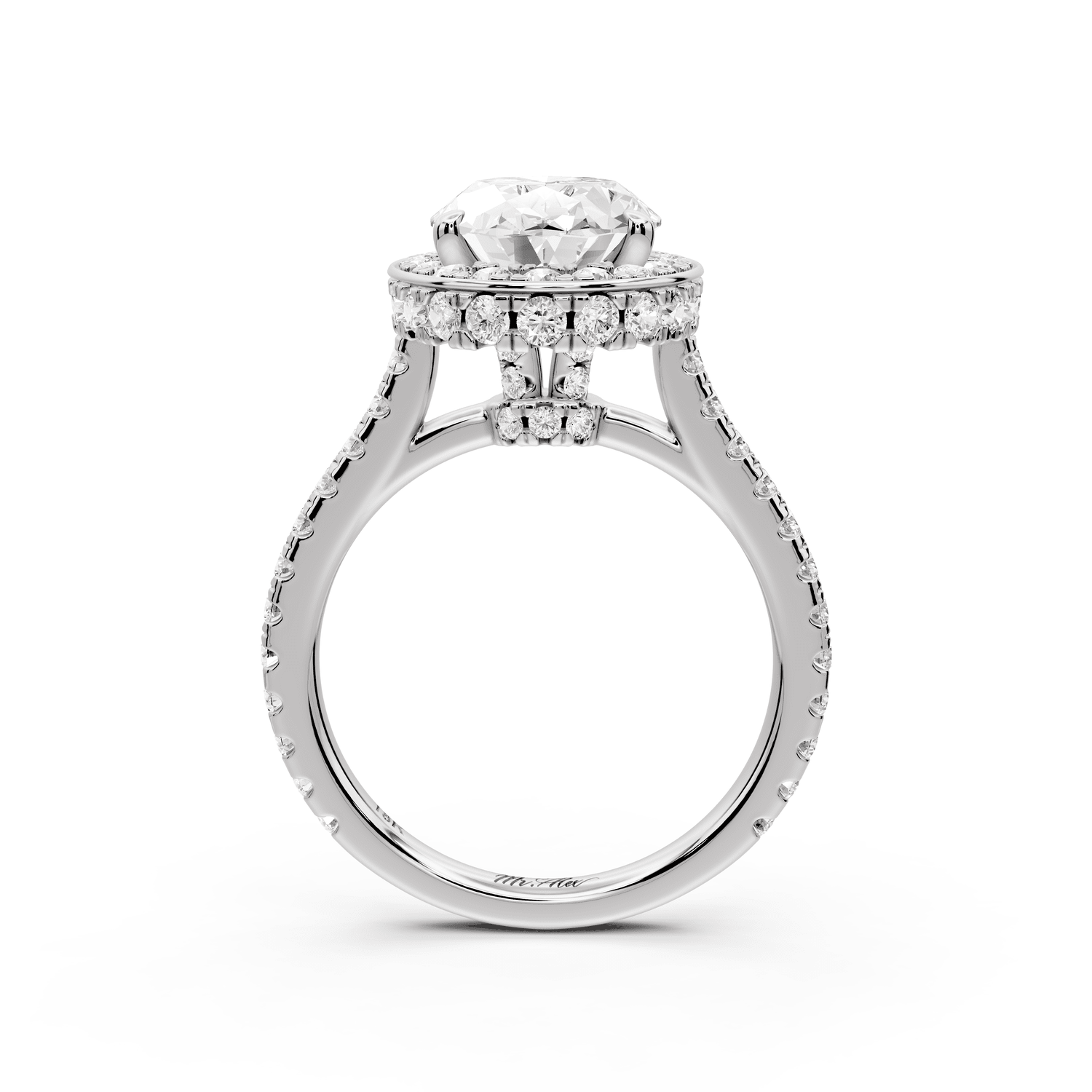 Beatrice - 3ct 14k white gold oval stone in rollover halo with diamond bridge and pavé engagement ring - Mr. Alex Jewelry