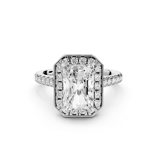 Beatrice - 3ct 14k white gold radiant stone in rollover halo with diamond bridge and pavé engagement ring - Mr. Alex Jewelry