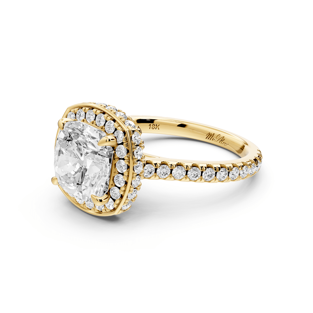 Beatrice - 3ct 14k yellow gold cushion stone in rollover halo with diamond bridge and pavé engagement ring - Mr. Alex Jewelry