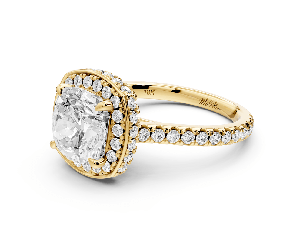 Beatrice - 3ct 14k yellow gold cushion stone in rollover halo with diamond bridge and pavé engagement ring - Mr. Alex Jewelry