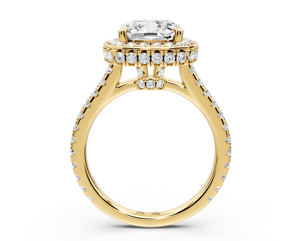 Beatrice - 3ct 14k yellow gold cushion stone in rollover halo with diamond bridge and pavé engagement ring - Mr. Alex Jewelry