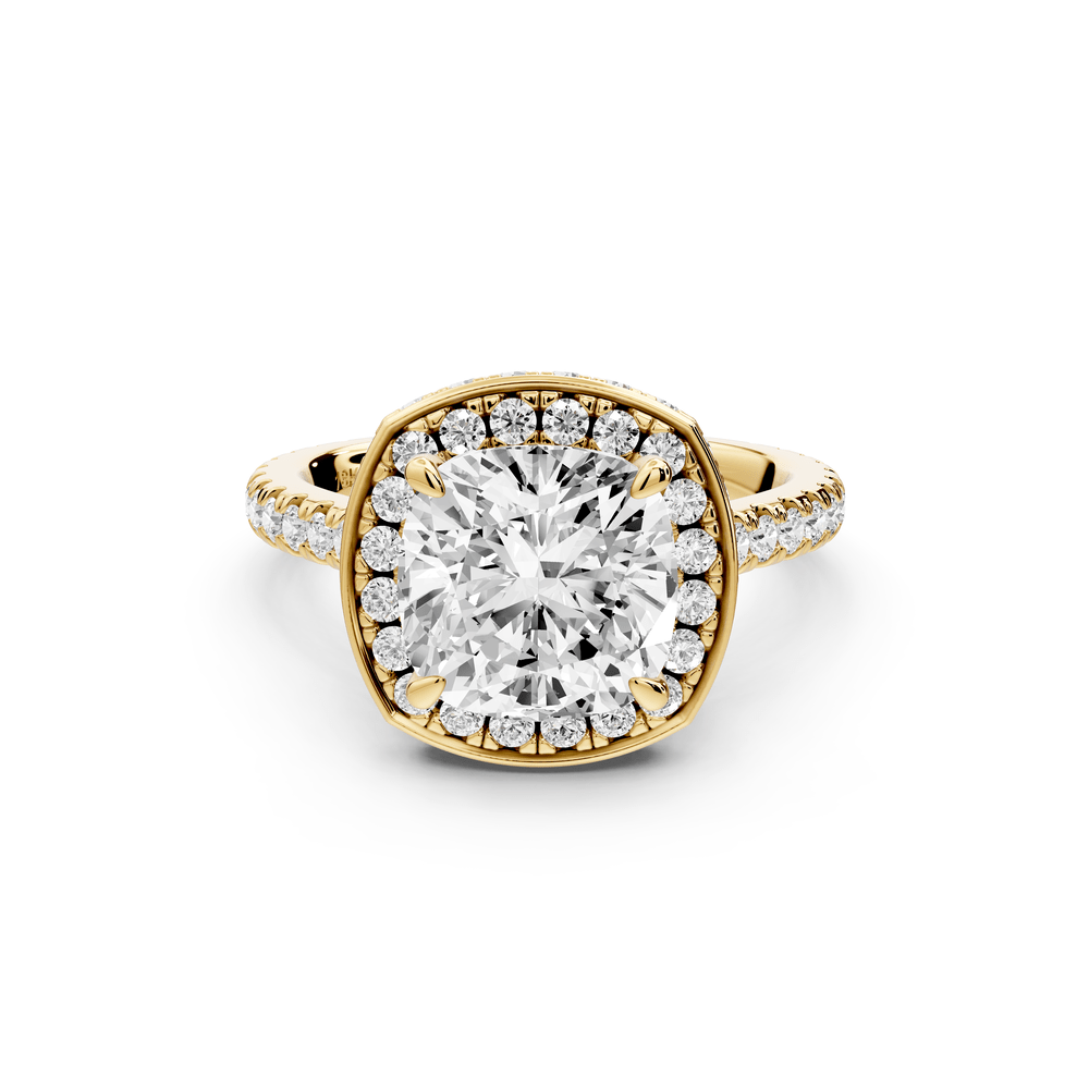 Beatrice - 3ct 14k yellow gold cushion stone in rollover halo with diamond bridge and pavé engagement ring - Mr. Alex Jewelry