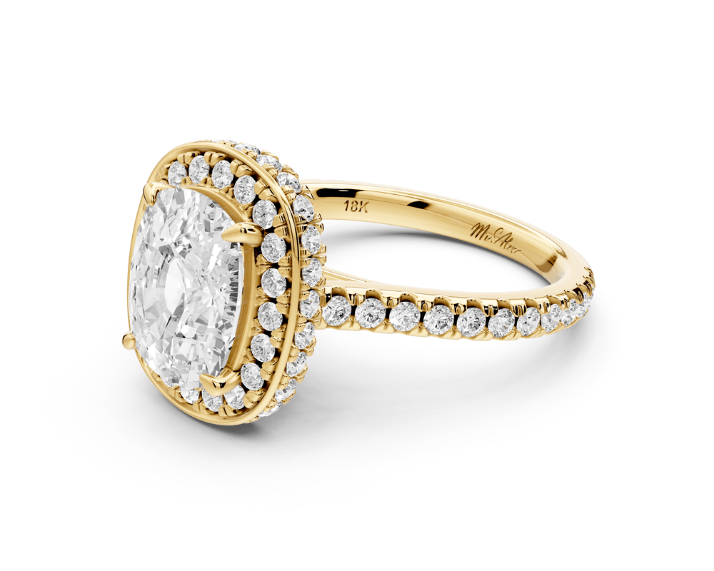 Beatrice - 3ct 14k yellow gold ecushion stone in rollover halo with diamond bridge and pavé engagement ring - Mr. Alex Jewelry