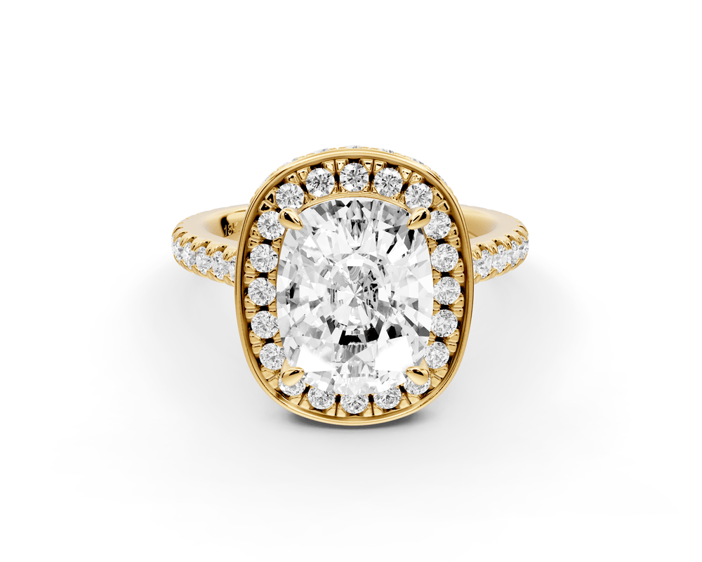 Beatrice - 3ct 14k yellow gold ecushion stone in rollover halo with diamond bridge and pavé engagement ring - Mr. Alex Jewelry