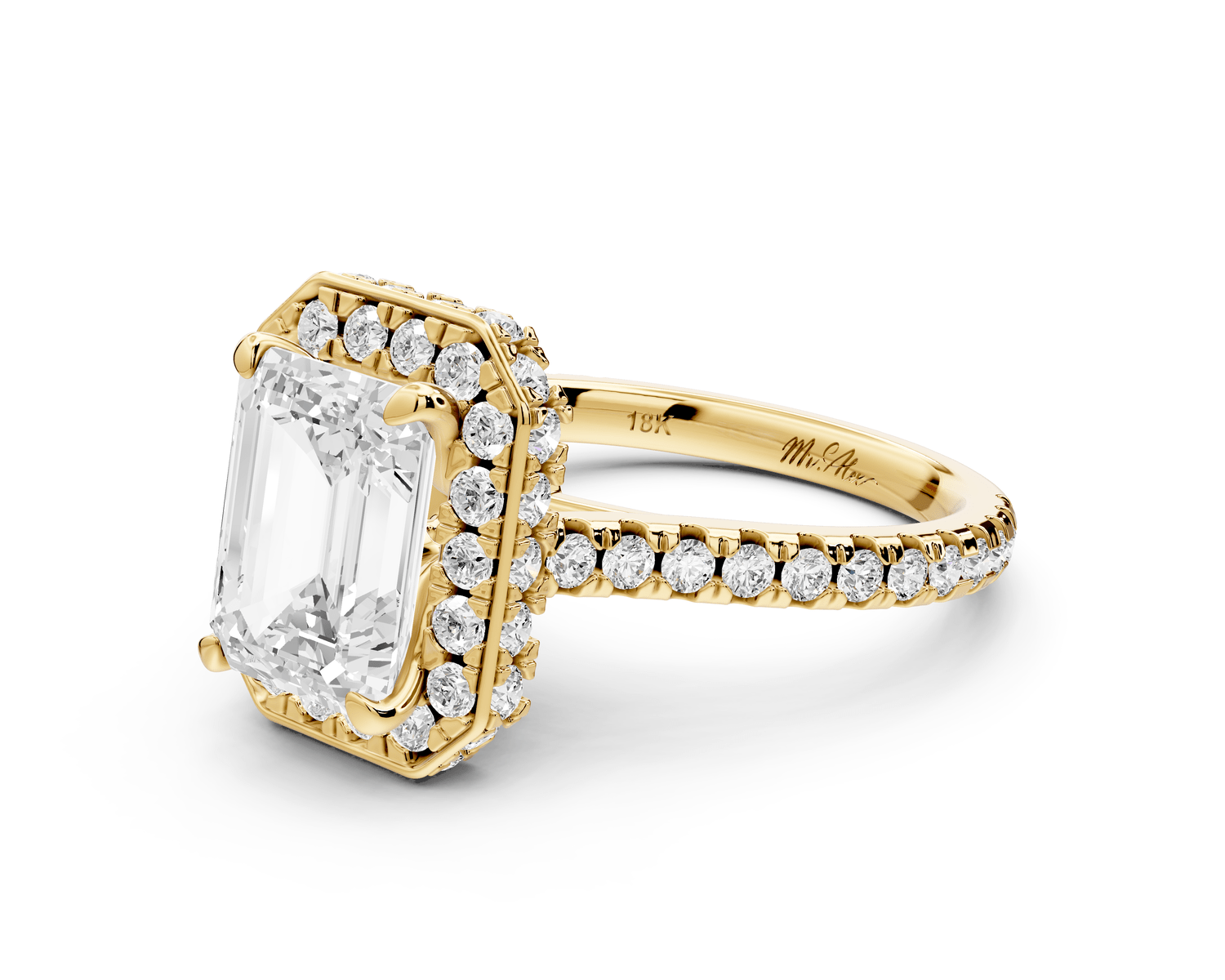 Beatrice - 3ct 14k yellow gold emerald stone in rollover halo with diamond bridge and pavé engagement ring - Mr. Alex Jewelry