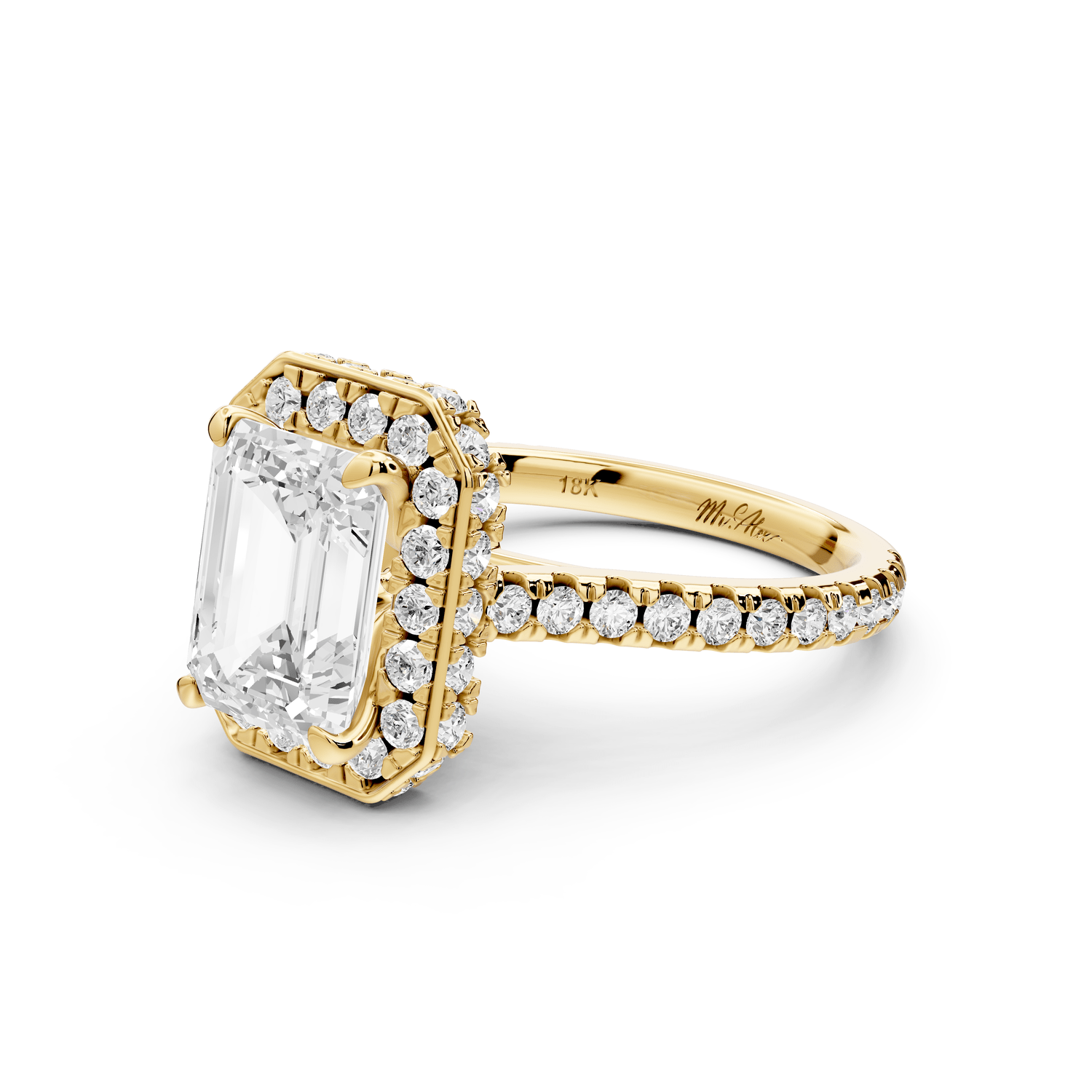 Beatrice - 3ct 14k yellow gold emerald stone in rollover halo with diamond bridge and pavé engagement ring - Mr. Alex Jewelry