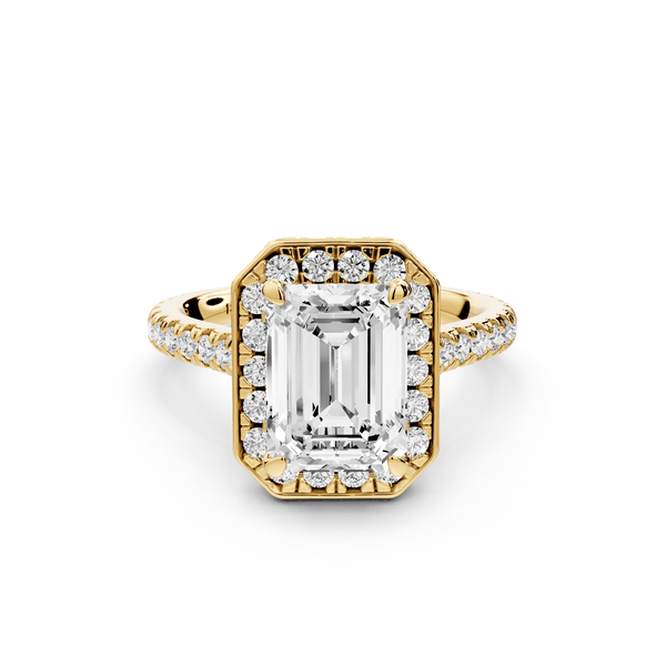Beatrice - 3ct 14k yellow gold emerald stone in rollover halo with diamond bridge and pavé engagement ring - Mr. Alex Jewelry