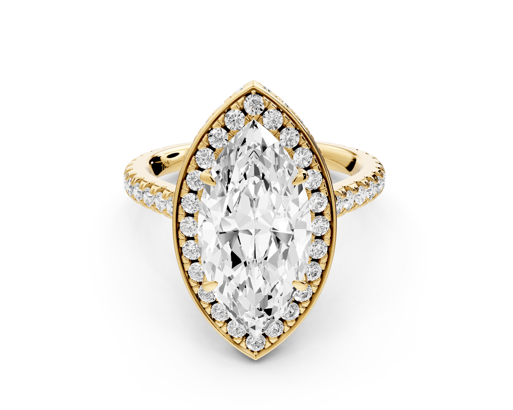 Beatrice - 3ct 14k yellow gold marquise stone in rollover halo with diamond bridge and pavé engagement ring - Mr. Alex Jewelry