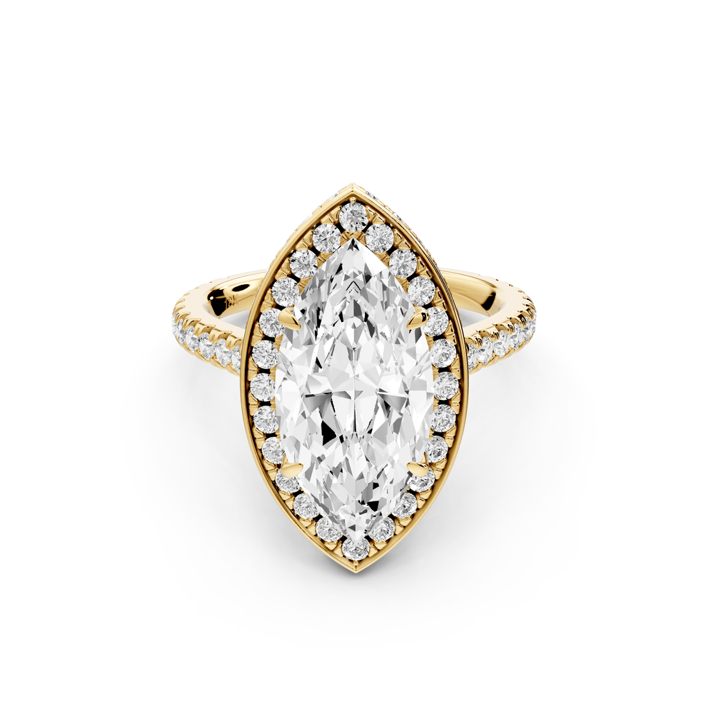 Beatrice - 3ct 14k yellow gold marquise stone in rollover halo with diamond bridge and pavé engagement ring - Mr. Alex Jewelry