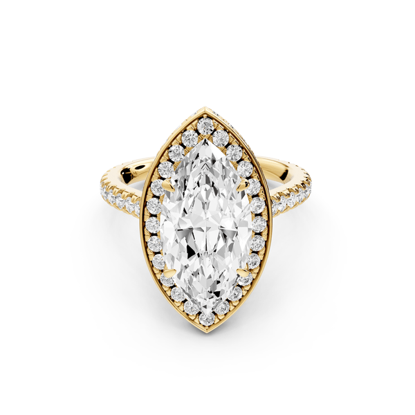 Beatrice - 3ct 14k yellow gold marquise stone in rollover halo with diamond bridge and pavé engagement ring - Mr. Alex Jewelry