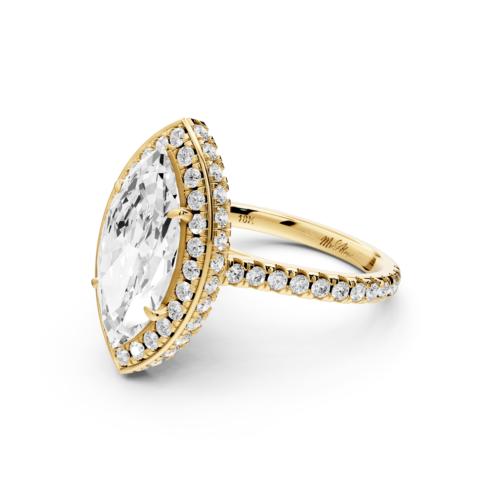 Beatrice - 3ct 14k yellow gold marquise stone in rollover halo with diamond bridge and pavé engagement ring - Mr. Alex Jewelry