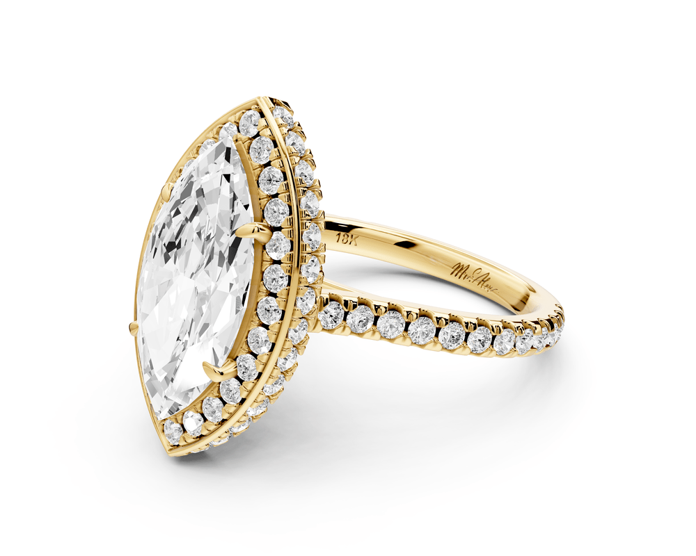 Beatrice - 3ct 14k yellow gold marquise stone in rollover halo with diamond bridge and pavé engagement ring - Mr. Alex Jewelry