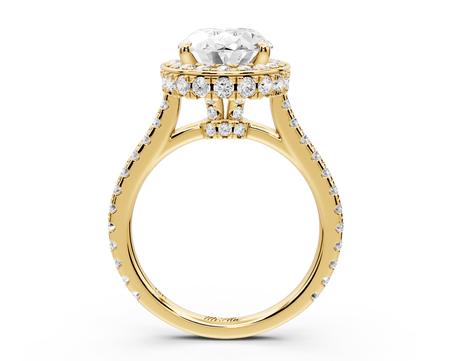 Beatrice - 3ct 14k yellow gold oval stone in rollover halo with diamond bridge and pavé engagement ring - Mr. Alex Jewelry