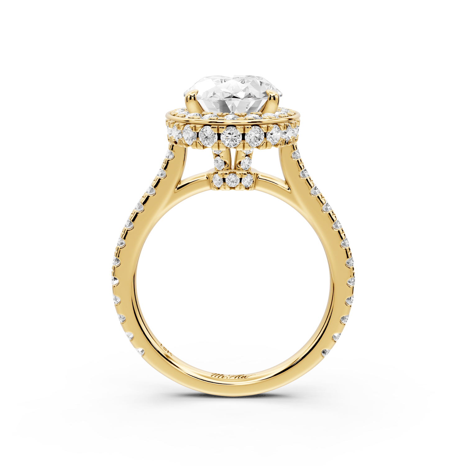 Beatrice - 3ct 14k yellow gold oval stone in rollover halo with diamond bridge and pavé engagement ring - Mr. Alex Jewelry