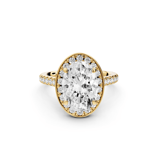 Beatrice - 3ct 14k yellow gold oval stone in rollover halo with diamond bridge and pavé engagement ring - Mr. Alex Jewelry