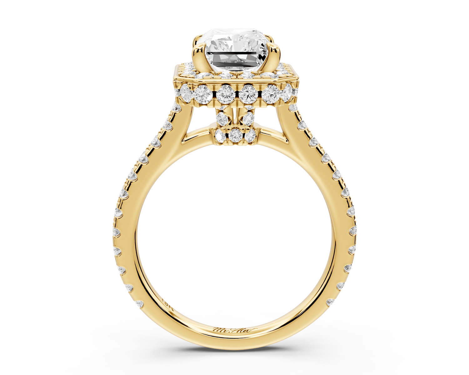 Beatrice - 3ct 14k yellow gold radiant stone in rollover halo with diamond bridge and pavé engagement ring - Mr. Alex Jewelry