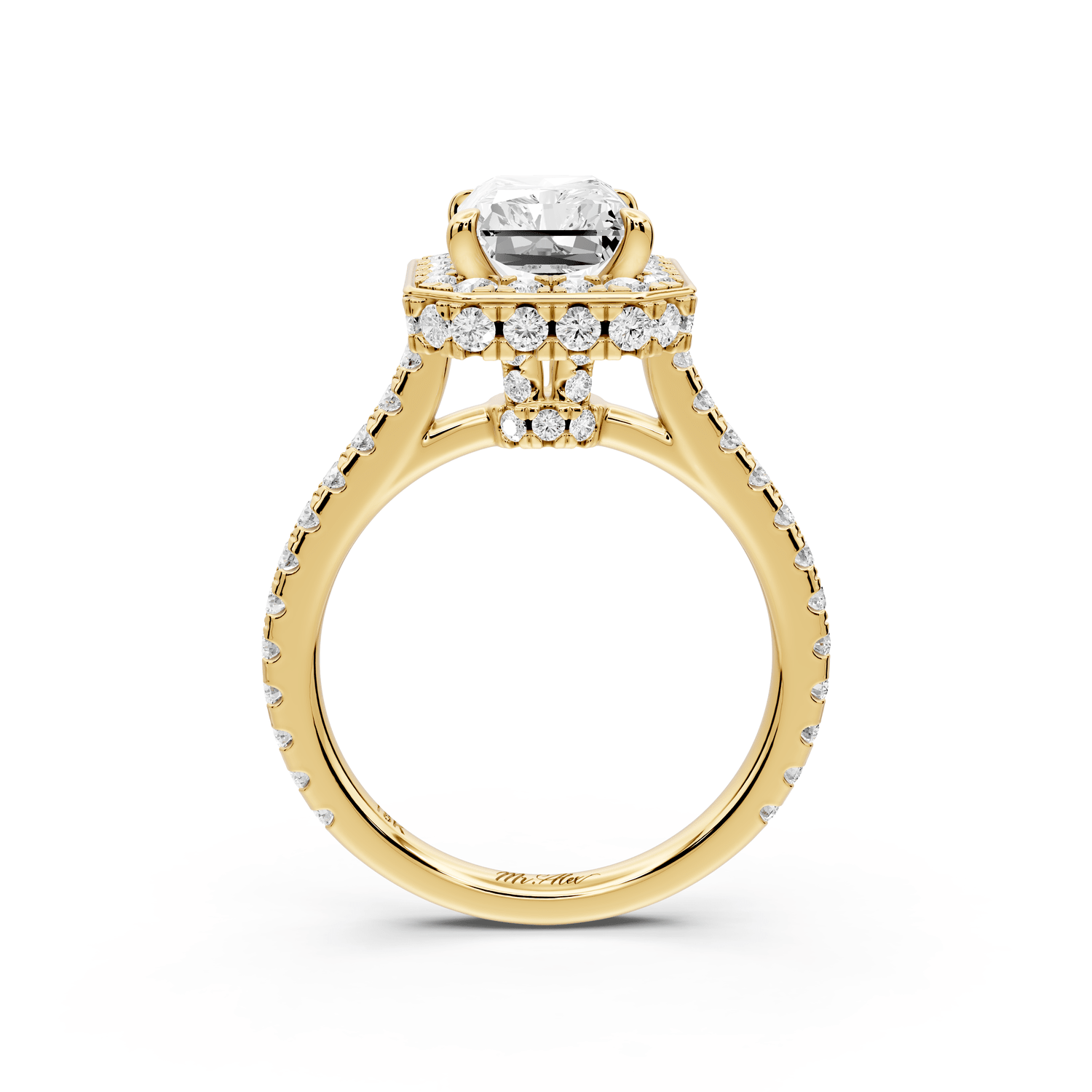 Beatrice - 3ct 14k yellow gold radiant stone in rollover halo with diamond bridge and pavé engagement ring - Mr. Alex Jewelry