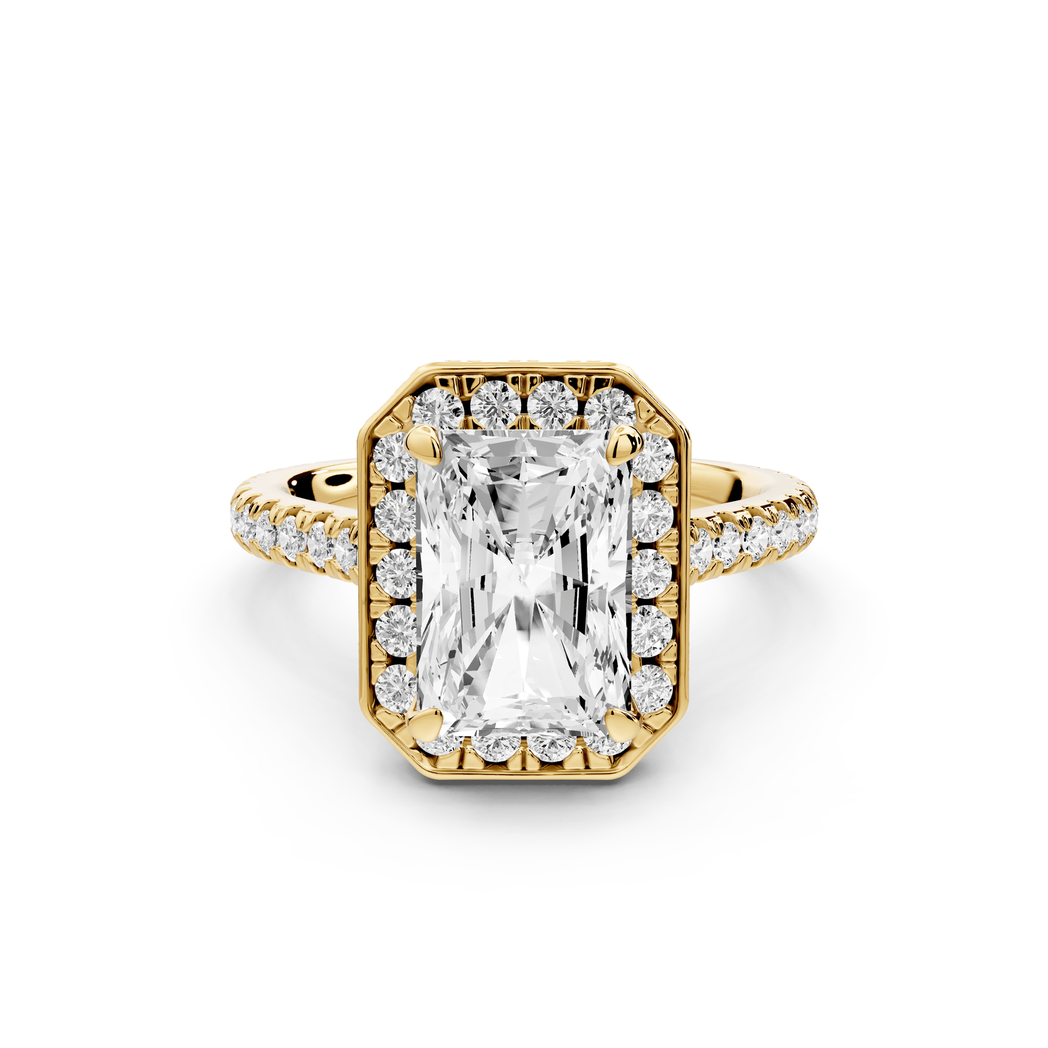 Beatrice - 3ct 14k yellow gold radiant stone in rollover halo with diamond bridge and pavé engagement ring - Mr. Alex Jewelry