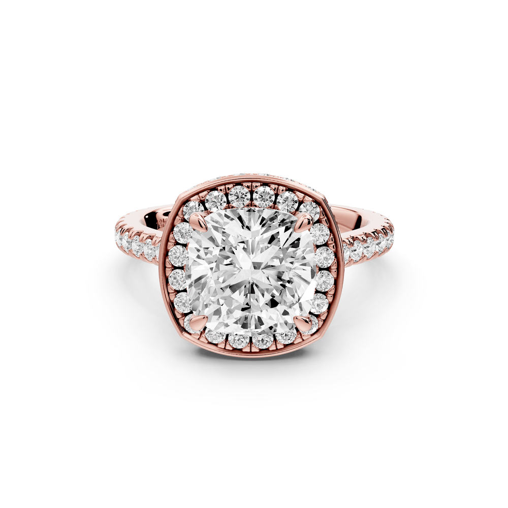 Beatrice - 3ct 18k rose gold cushion stone in rollover halo with diamond bridge and pavé engagement ring - Mr. Alex Jewelry