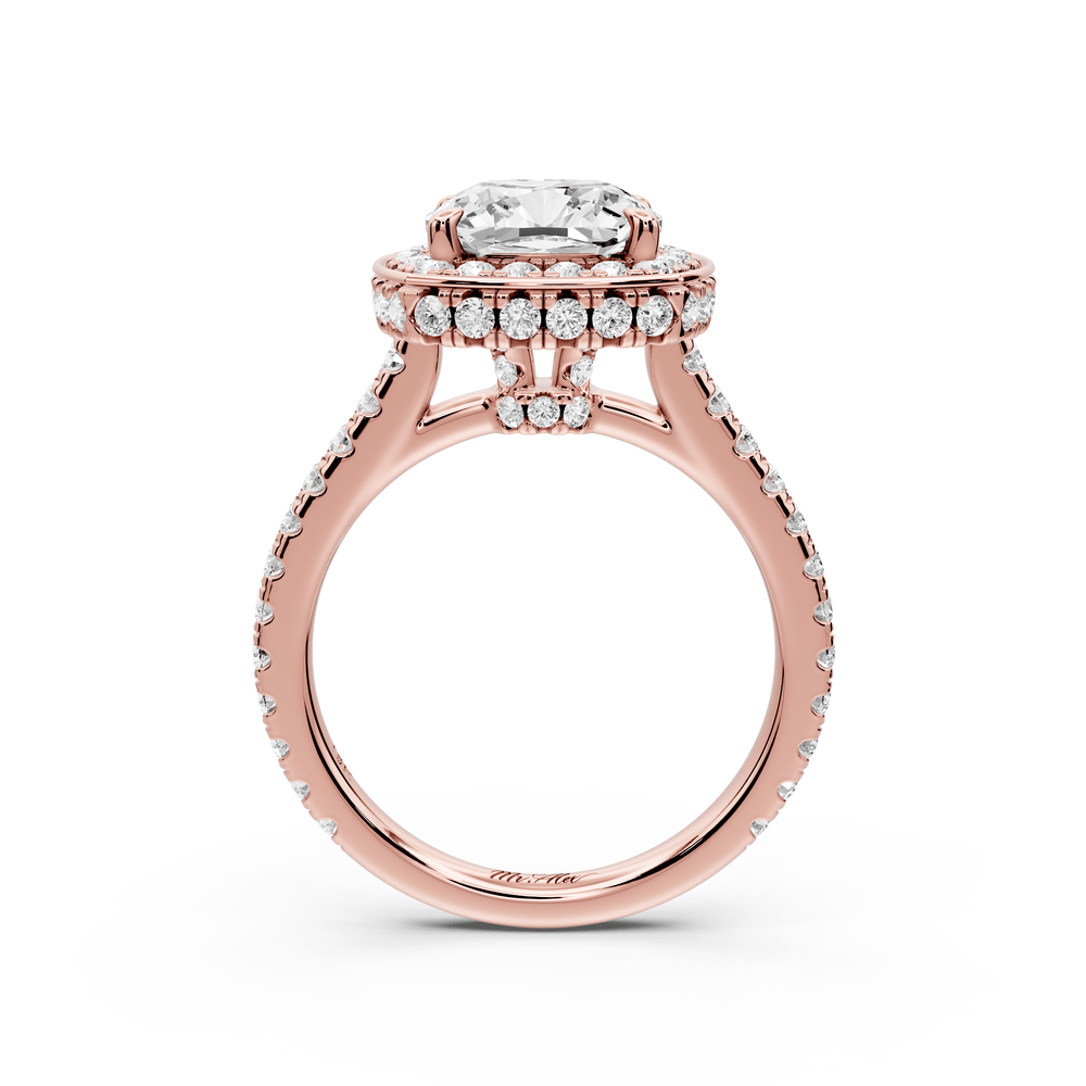 Beatrice - 3ct 18k rose gold cushion stone in rollover halo with diamond bridge and pavé engagement ring - Mr. Alex Jewelry