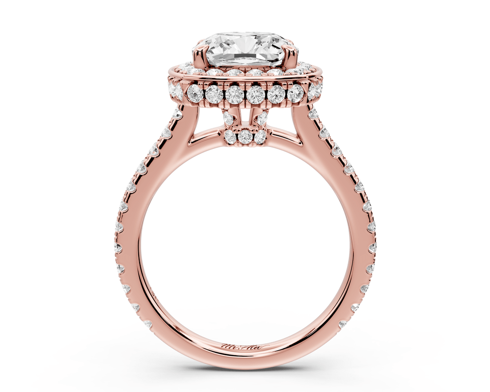 Beatrice - 3ct 18k rose gold cushion stone in rollover halo with diamond bridge and pavé engagement ring - Mr. Alex Jewelry