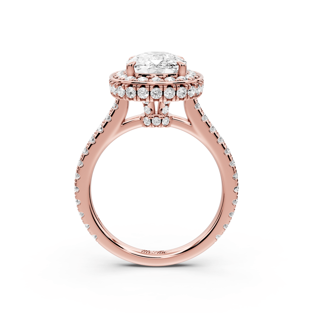 Beatrice - 3ct 18k rose gold ecushion stone in rollover halo with diamond bridge and pavé engagement ring - Mr. Alex Jewelry
