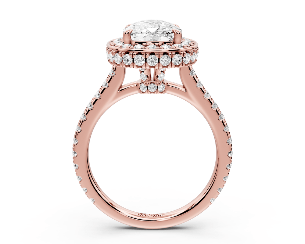 Beatrice - 3ct 18k rose gold ecushion stone in rollover halo with diamond bridge and pavé engagement ring - Mr. Alex Jewelry