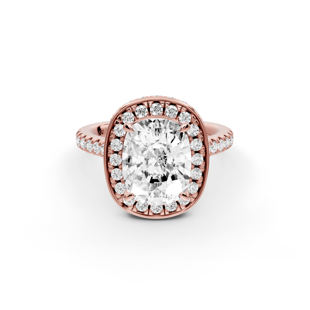 Beatrice - 3ct 18k rose gold ecushion stone in rollover halo with diamond bridge and pavé engagement ring - Mr. Alex Jewelry