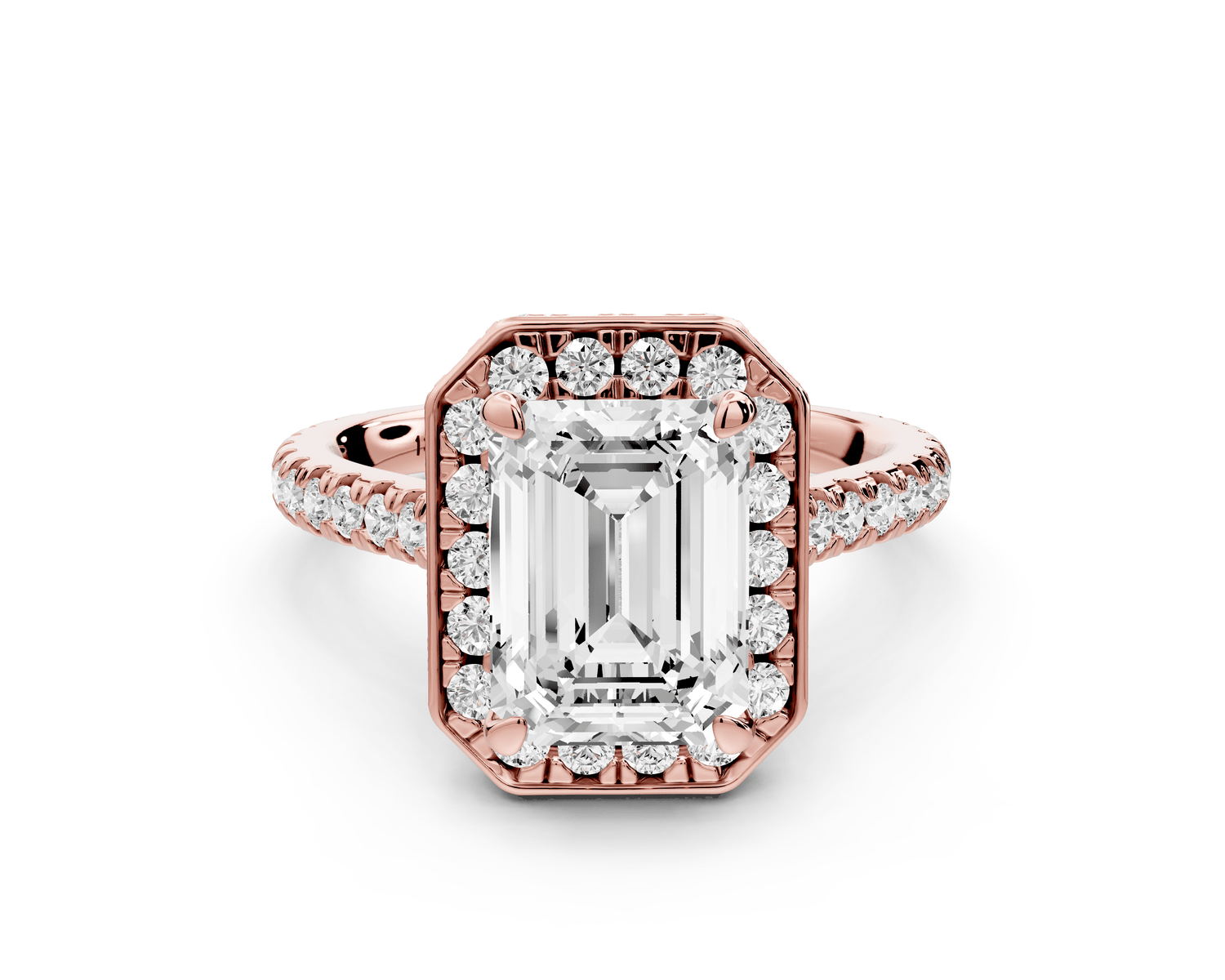 Beatrice - 3ct 18k rose gold emerald stone in rollover halo with diamond bridge and pavé engagement ring - Mr. Alex Jewelry