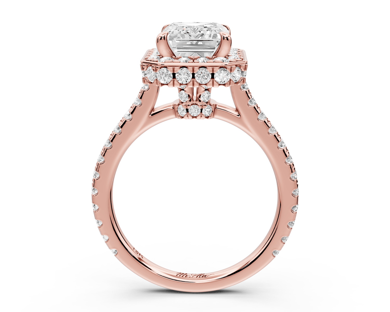 Beatrice - 3ct 18k rose gold emerald stone in rollover halo with diamond bridge and pavé engagement ring - Mr. Alex Jewelry