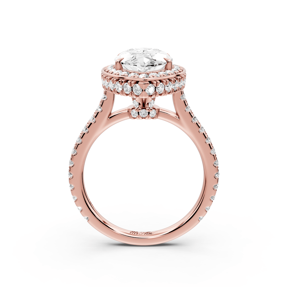 Beatrice - 3ct 18k rose gold marquise stone in rollover halo with diamond bridge and pavé engagement ring - Mr. Alex Jewelry