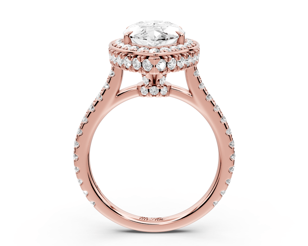 Beatrice - 3ct 18k rose gold marquise stone in rollover halo with diamond bridge and pavé engagement ring - Mr. Alex Jewelry